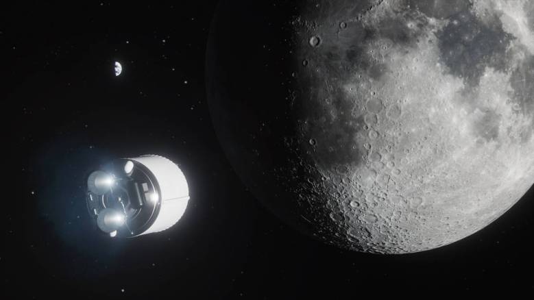 Illustration of a small cylindrical spacecraft heading to the moon.