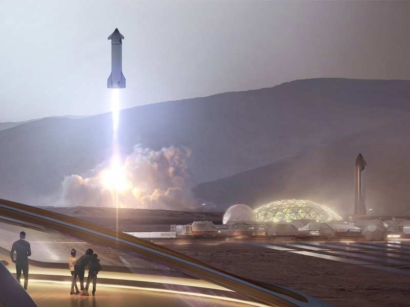 A SpaceX illustration of Starship launching from a city on Mars. Credit: SpaceX