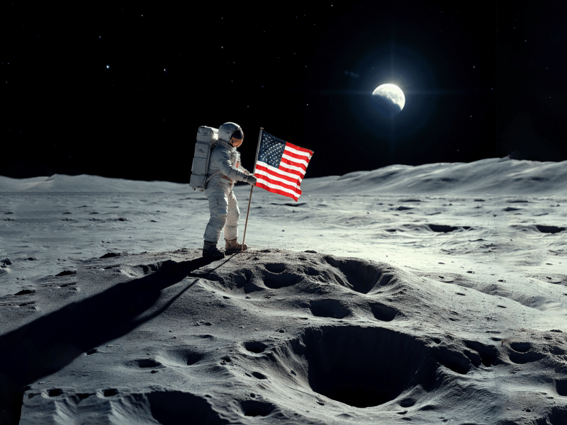 An image generated using GeniGPT showing an American moon landing.