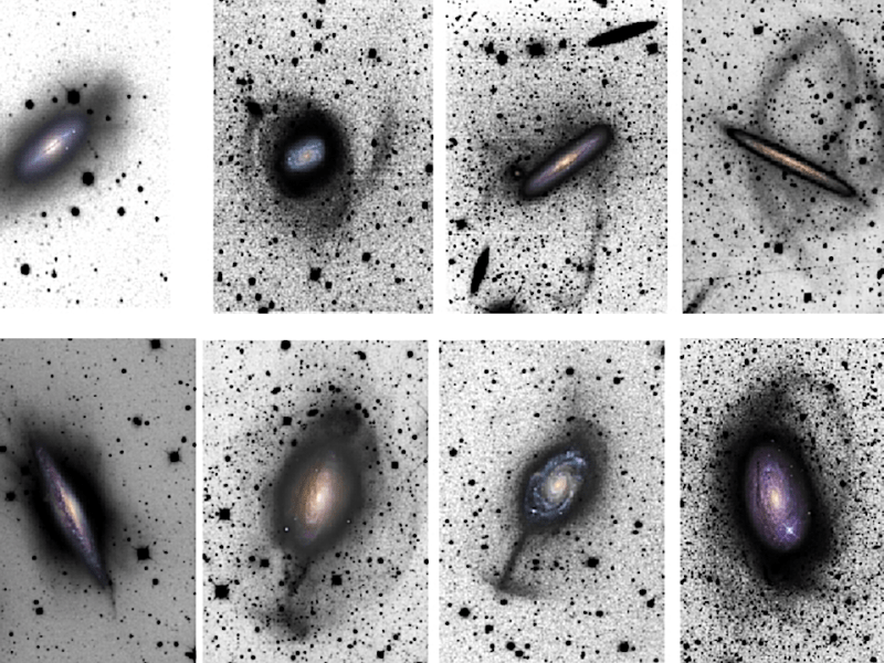 This series of images shows how astronomers find stellar streams by reversing the light and dark, similar to negative images, but stretched to highlight the faint streams. Color images of each of the nearby galaxies featured are superposed to scale to highlight the easily visible disk. Galaxies are surrounded by enormous halos of hot gas sprinkled with sporadic stars, seen as the shadowy regions that encase each galaxy here. NASA’s upcoming Nancy Grace Roman Space Telescope is expected to improve on these observations by resolving individual stars to understand each stream’s stellar populations and see stellar streams of various sizes in even more galaxies. Credit: Carlin et al. (2016), based on images from Martínez-Delgado et al. (2008, 2010)