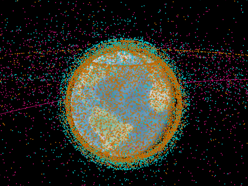 A visualization of active and inactive satellites, discarded rocket bodies, orbital debris and other space objects around Earth, showing an increasingly cluttered and hazardous Earth orbit. Credit: AstriaGraph by the University of Texas at Austin.