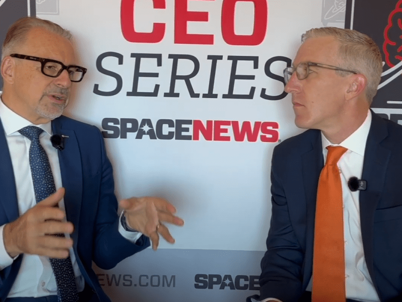 Josef Aschbacher, Director General of the European Space Agency, speaks with SpaceNews Chief Content and Strategy Officer Mike Gruss during a taping of the Space Minds podcast at World Space Business Week Sept. 15. Credit: SpaceNews