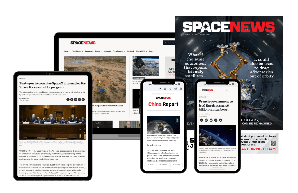 Assortment of SpaceNews websites shown on different digital devices and a copy of SpaceNews magazine